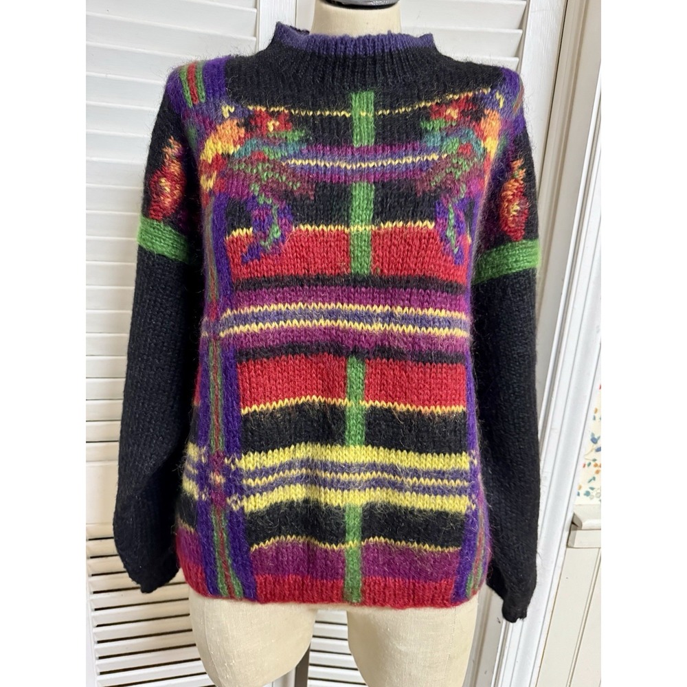 Vintage Lydia Jane Knit By Hand Black Bouquet‎ Mohair Crop Sweater L/Large RARE